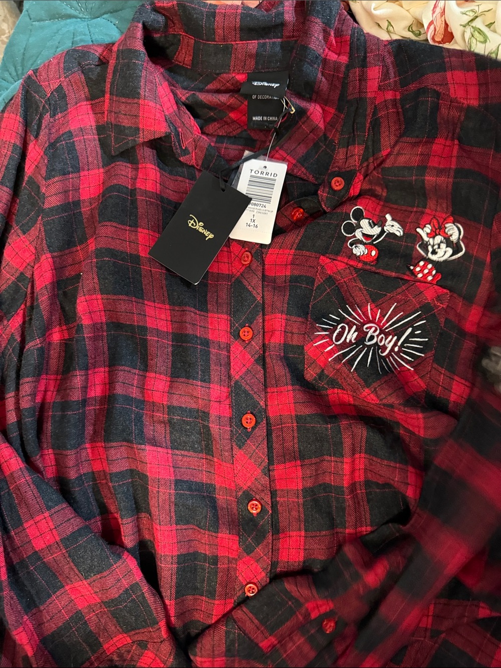 Woman’s Red & Black Plaid Shirt with Mickey & Minnie Embroidery